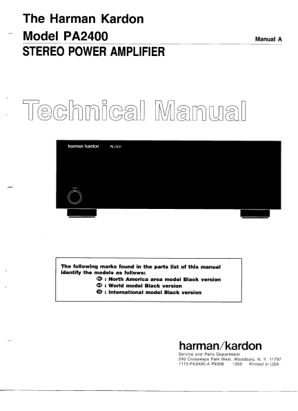 Harman Kardon Model PA2400 StereoPower Amplifier Technical Service Manual