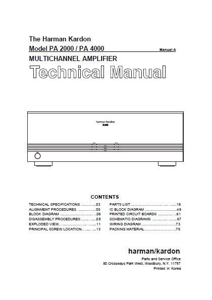 Harman Kardon Model PA 2000-4000 Multichannel Amplifier Technical Service Manual