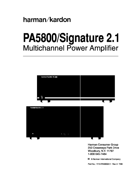 Harman Kardon PA5800 Signature 2.1 Multichannel Power Amplifier Service Manual