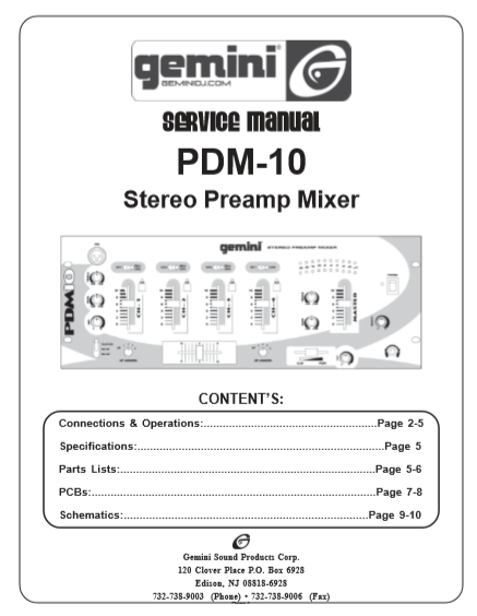 GEMINI Model PDM-10 Stereo Preamp Mixer Service Manual