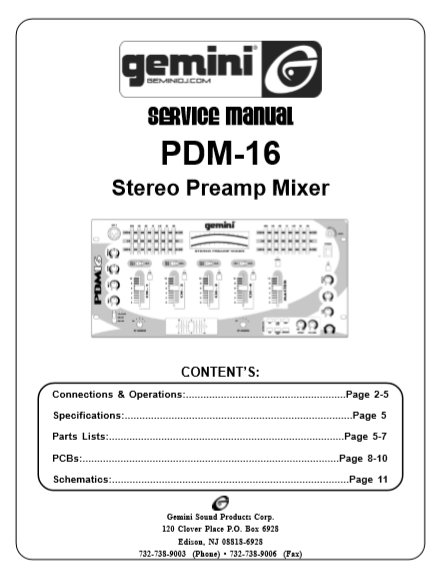 GEMINI Model PDM-16 Stereo Preamp Mixer Service Manual