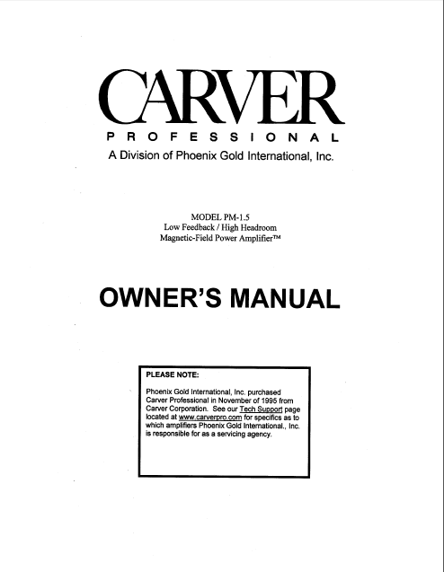 CARVER PM-1.5 Magnetic-Field Power Amplifier Owner's Manual
