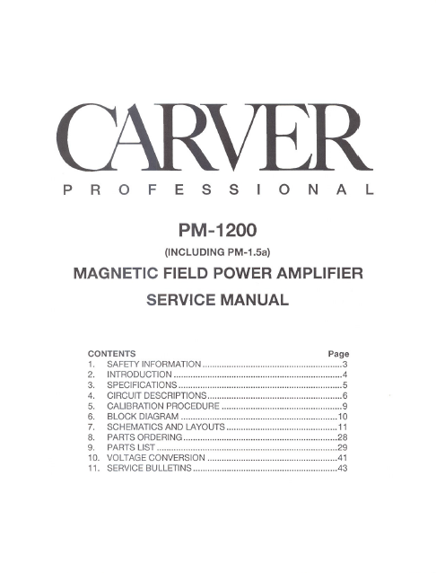 CARVER PM-1200 Magnetic Field Power Amplifier Service Manual