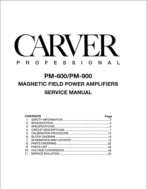 CARVER PM600-900 Magnetic Power Amplifiers Service Manual