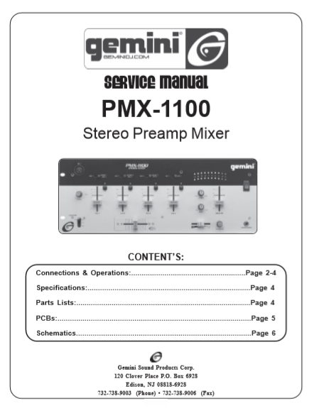 GEMINI Model PMX-1100 Stereo Preamp Mixer Service Manual