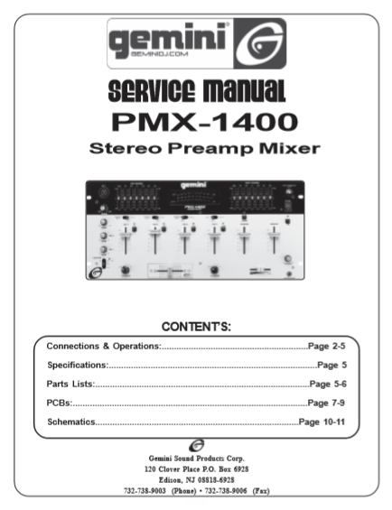 GEMINI Model PMX-1400 Stereo Preamp Mixer Service Manual