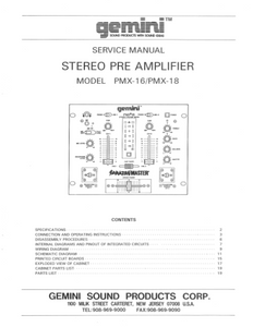 GEMINI Model PMX 16-18 Stereo Pre Amplifier Service Manual