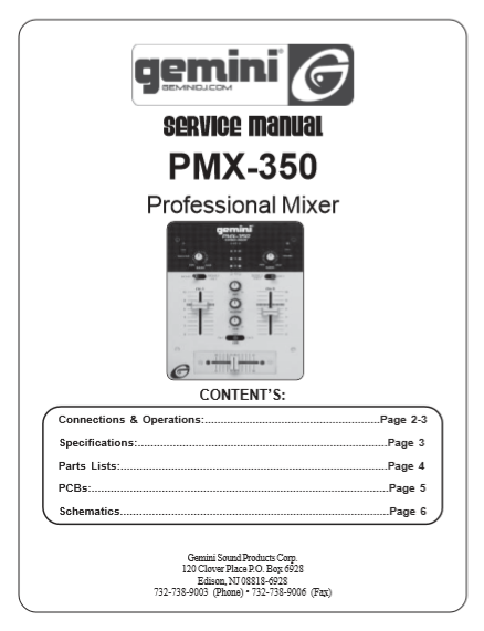 GEMINI Model PMX-350 Professional Mixer Service Manual