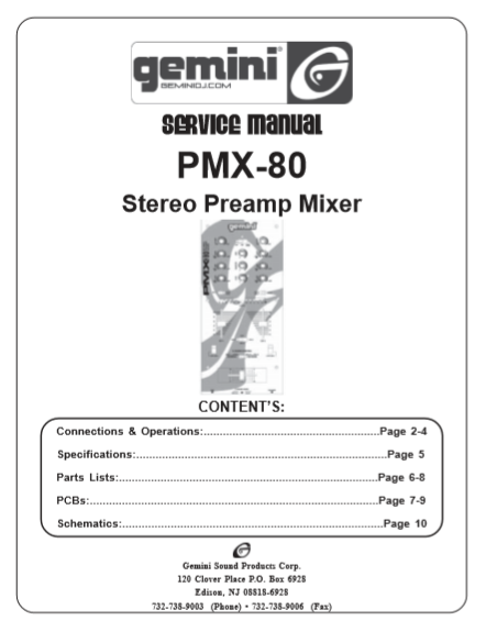 GEMINI Model PMX-80 Stereo Preamp Mixer Service Manual