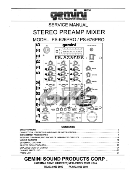 GEMINI Model PS 626PRO-676PRO Stereo Preamp Mixer Service Manual