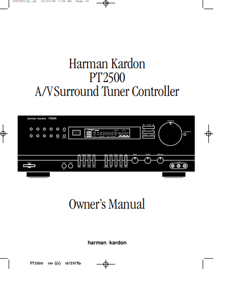 Harman Kardon PT2500 AV Surround Tuner Controller Owner's Manual