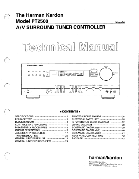 Harman Kardon PT2500 AV Surround Tuner Controller Technical Service Manual