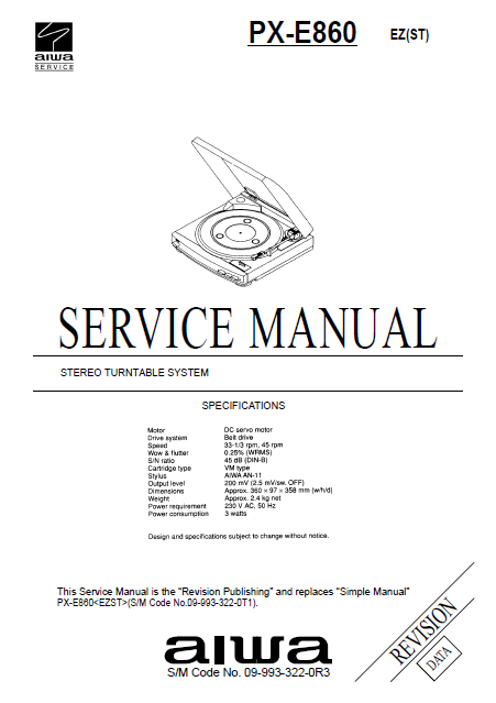 AIWA PX-E860 EZ Revision Stereo Turntable Operation Manual
