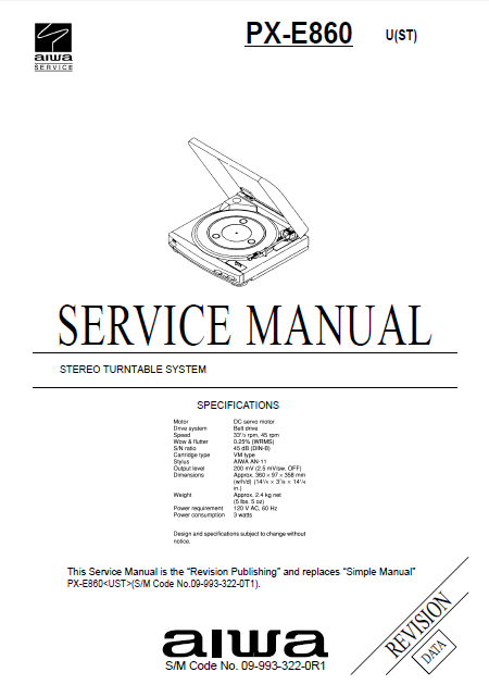AIWA PX-E860 U Revision Stereo Turntable Operation Manual