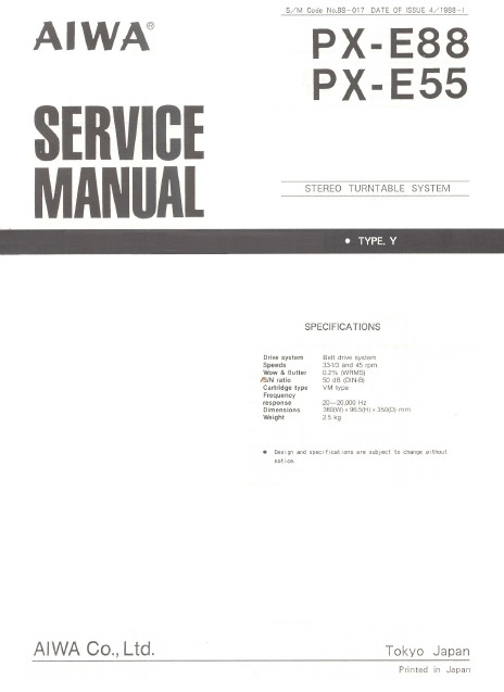 AIWA PX E88-E55 Y Stereo Turntable Operation Manual