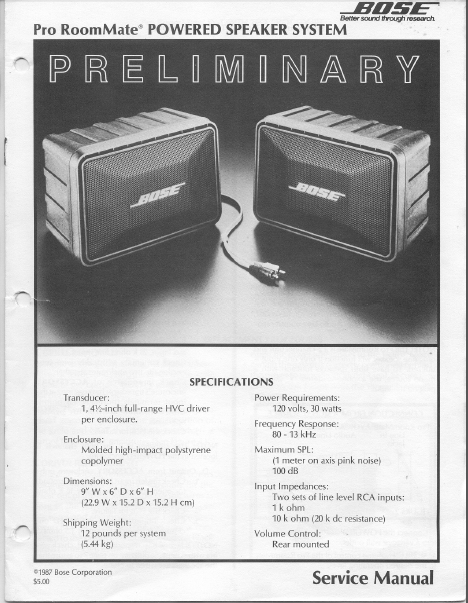 BOSE PRO RoomMate Speaker System Service Manual