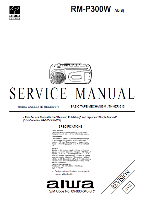 AIWA RM-P300W Revision Radio Cassette Receiver Operation Manual