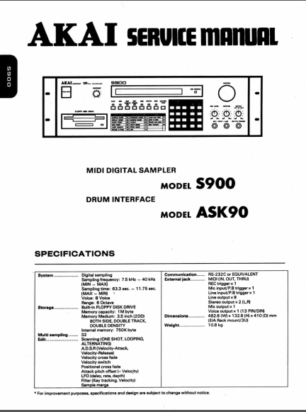 AKAI S900 Midi Stereo Digital Sampler Service Manual