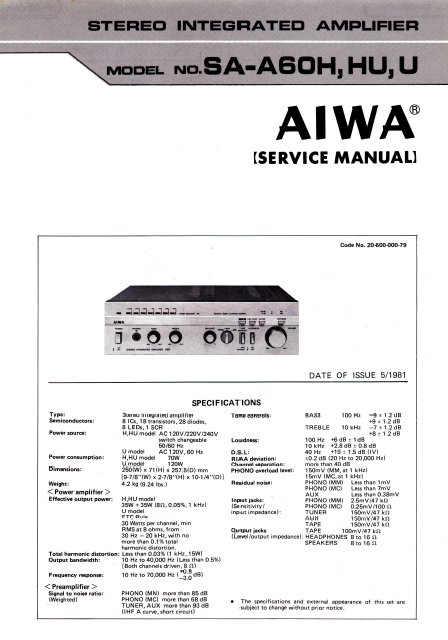 AIWA SA-A60H Stereo Integrated Amplifier Service Manual