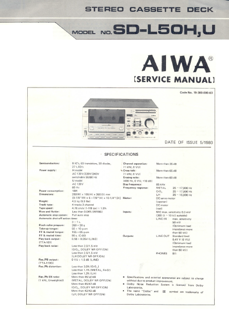 AIWA SD-L50H U Stereo Cassette Deck Service Manual