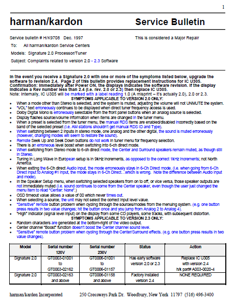 Harman Kardon Signature 2.0 Processor Tuner HK9708 Service Bulletin