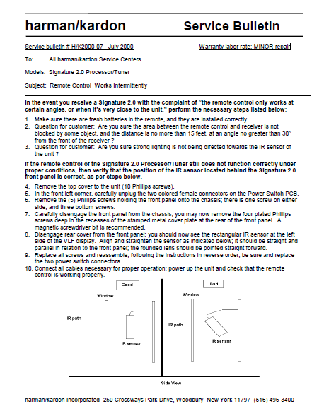 Harman Kardon Signature 2.0 Processor Tuner HK2000-07 Service Bulletin