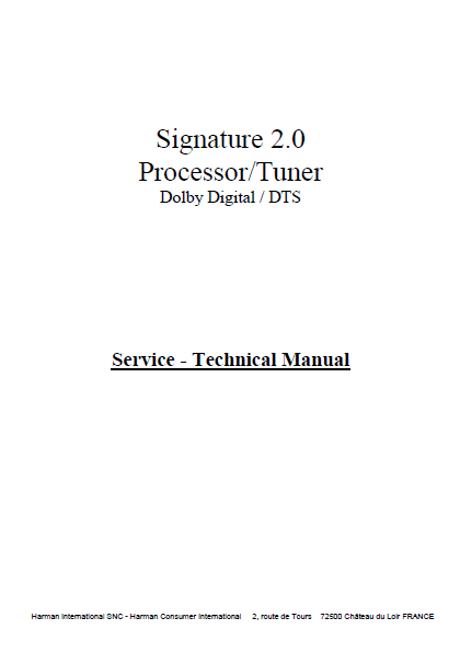 Harman Kardon Signature 2.0 Processor Tuner Technical Service Manual