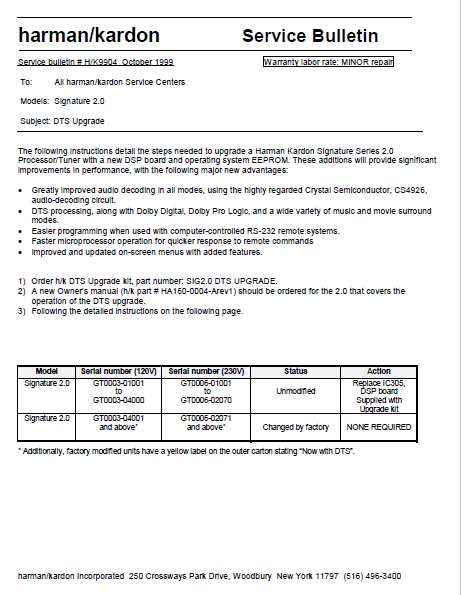 Harman Kardon Signature 2.0 HK9904 Service Bulletin