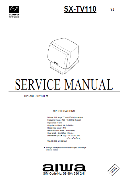 AIWA SX-STV110 Speaker System Operation Manual