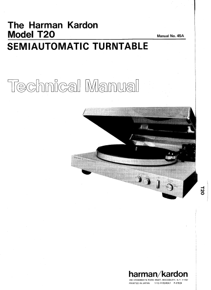 Harman Kardon Model T20 Semiautomatic Turntable Technical Service Manual