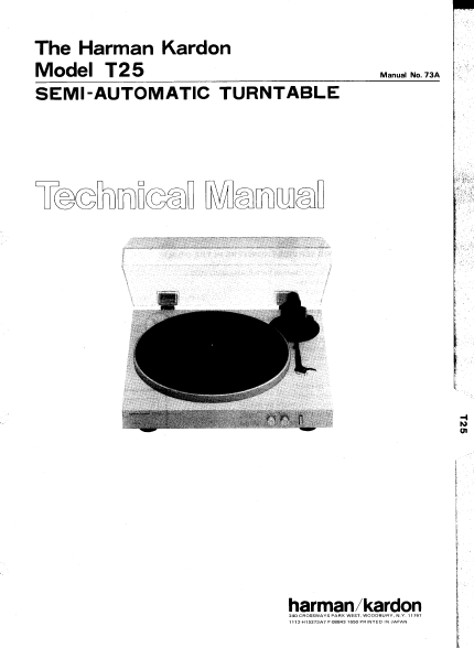 Harman Kardon Model T25 Semi-Automatic Turntable Technical Service Manual