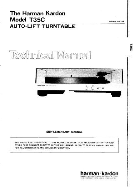 Harman Kardon Model T35C Auto-Lift Turntable Technical Service Manual
