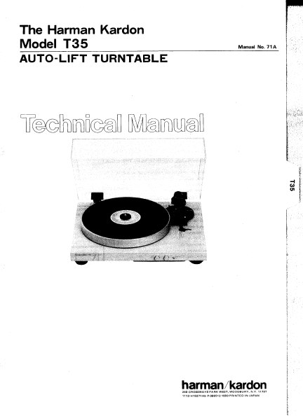 Harman Kardon Model T35 Auto-Lift Turntable Technical Service Manual