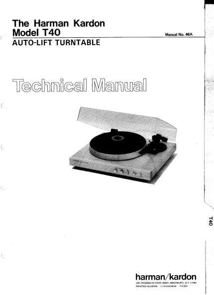 Harman Kardon Model T40 Auto-Lift Turntable Technical Service Manual