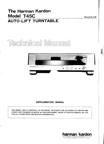 Harman Kardon Model T45C Auto-Lift Turntable Technical Service Manual