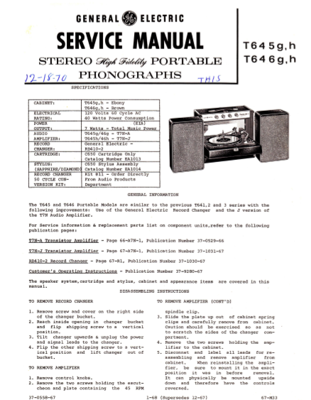 GE Stereo Portable Phonographs T645gh-T646gh Service Manual