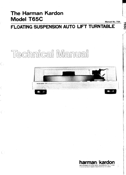 Harman Kardon Model T65C Floating Suspension Auto Lift Turntable Technical Service Manual