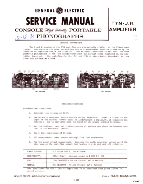 GE Console Portable Phonographs T7N-J K Amplifier Service Manual