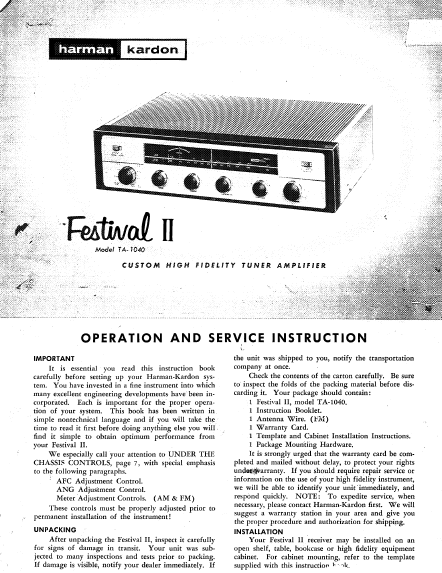 Harman Kardon Festival II TA-1040 Service Manual