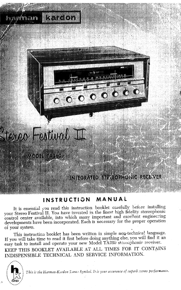 Harman Kardon Stereo Festival II TA260 Instruction Manual