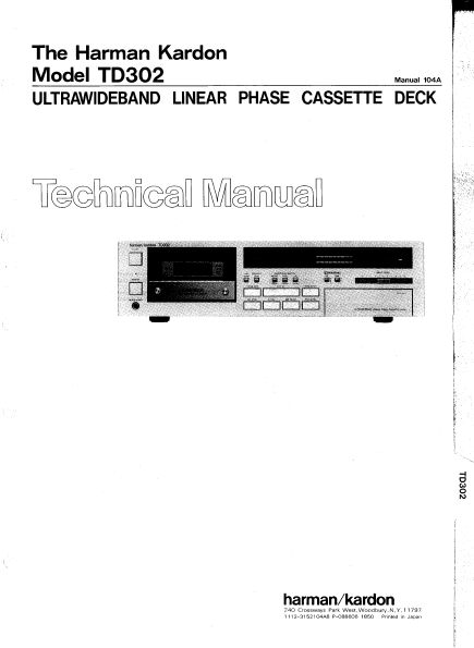 Harman Kardon TD302 Cassette Deck Technical Manual