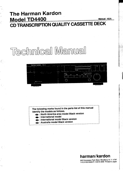 Harman Kardon TD4400 Cassette Deck Technical Manual