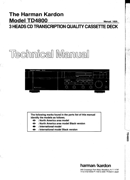 Harman Kardon TD4800 Cassette Deck Technical Manual