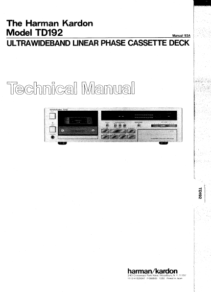 Harman Kardon TD192 Cassette Deck Technical Manual
