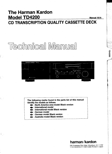Harman Kardon TD4200 Cassette Deck Technical Manual