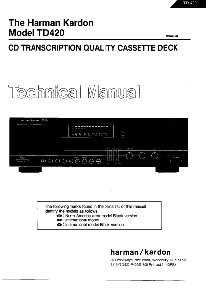 Harman Kardon TD420 Cassette Deck Technical Manual
