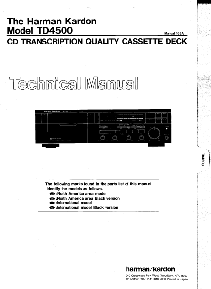Harman Kardon TD4500 Cassette Deck Technical Manual
