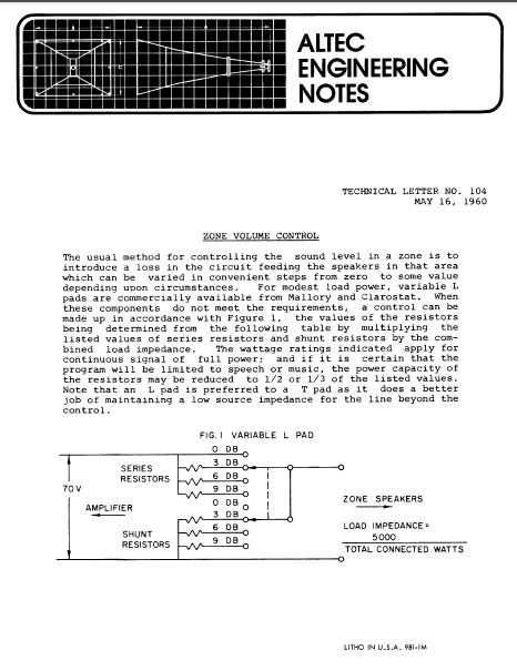 ALTEC TL-104 Engineering Zone Volume Control Operations Manual ...