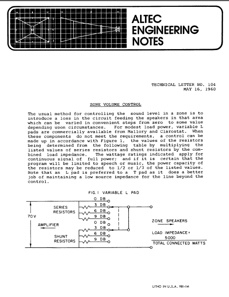 ALTEC TL-104 Engineering Zone Volume Control Operations Manual