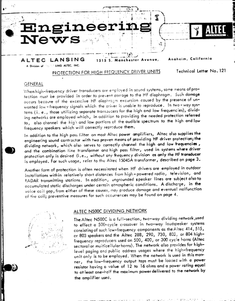 ALTEC TL-121 Engineering News
